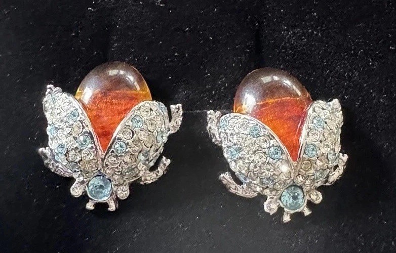 VTG CARLO ZINI Italian Designer Amber CZ Rhinestone Bee Lady Bug Earrings