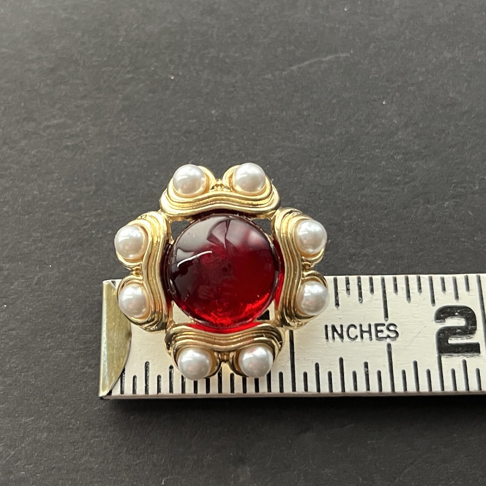 Etruscan Gripoix Style Earrings Gold Red Cabochon Faux Pearl Pierced Byzantine