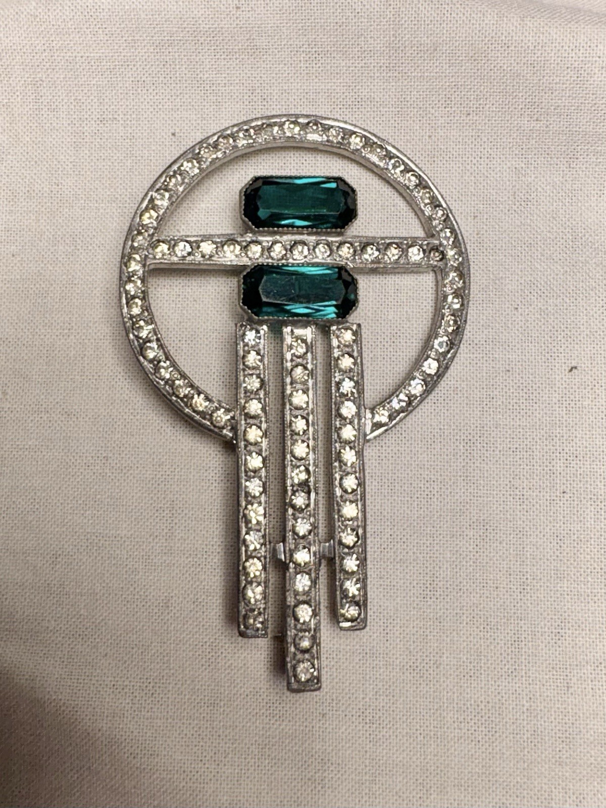 Vintage Art Deco Silver Tone Green Rhinestone Circle Cascade Brooch c1930s
