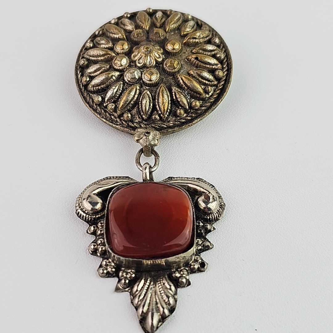 Vintage Ethnic Style Dangle Brooch Silver Tone Glass Cabochon 1930s to 1950s