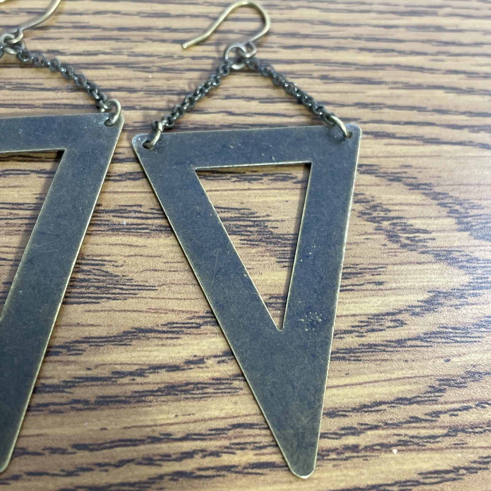 2 Pairs Brass Earrings Vintage Dangle Hook Triangle And Chain