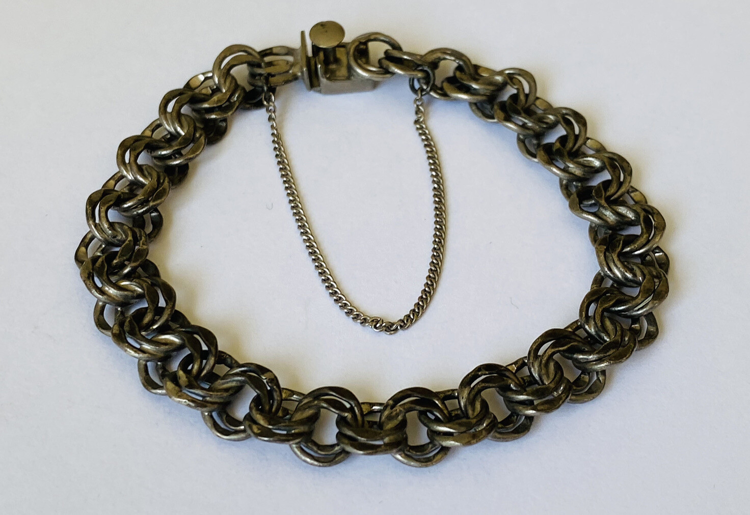 Vintage Signed sterling Silver Double Rolo Link Chain Charm Bracelet 19-Grams