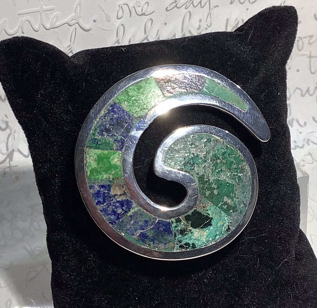 Modernist LOS CASTILLO Handmade 925 Ster Azurite Mosaic Aztec Swirl Brooch 10.5g