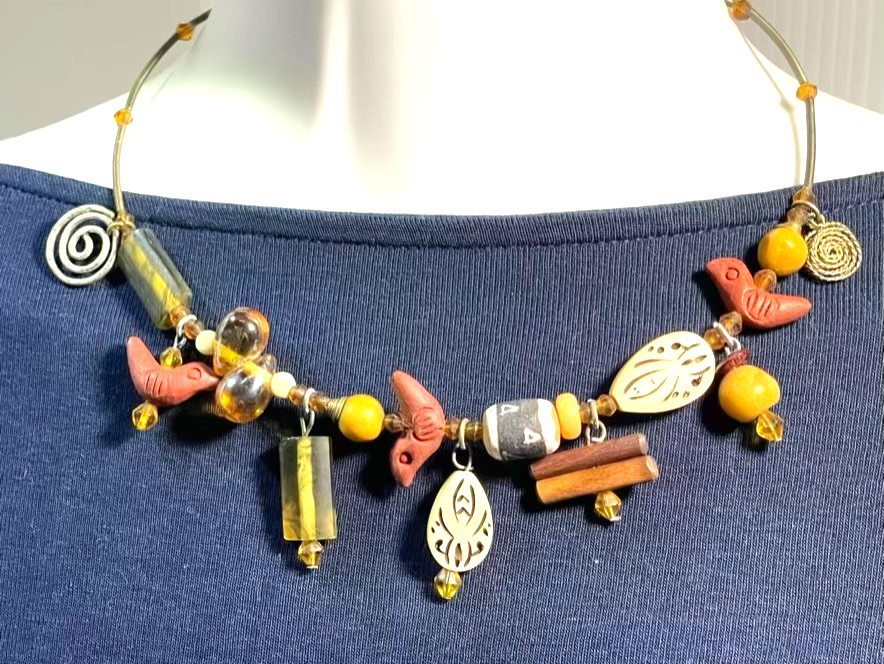Southwestern Style Fetish Choker Necklace Birds Tribal Folk Art Boho Memory Wire