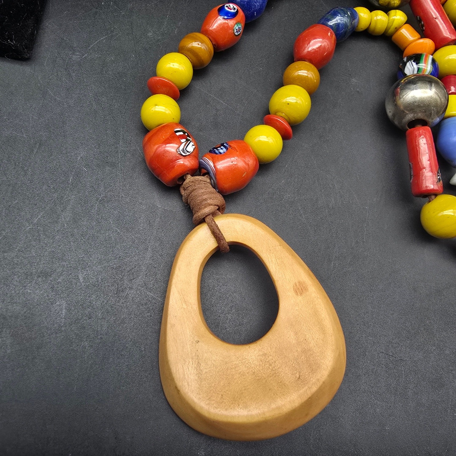 Colorful Glass Ceramic Beaded Necklace with Wood Pendant