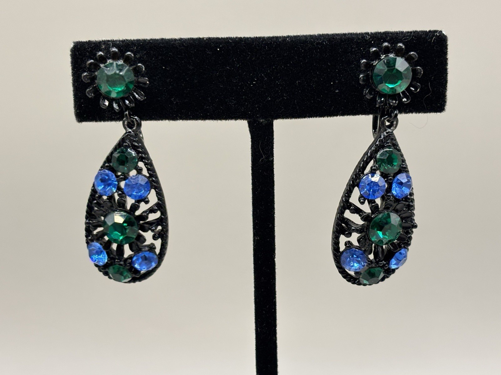 Teardrop & Paisley Blue & Green Rhinestones set in Black Earrings and Brooch