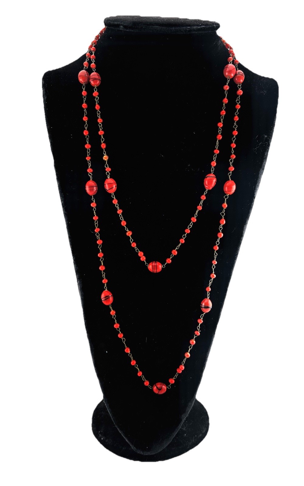 Vtg Red Venetian Style Glass Bead Necklace Black Swirl Accent Flapper 50″ Long