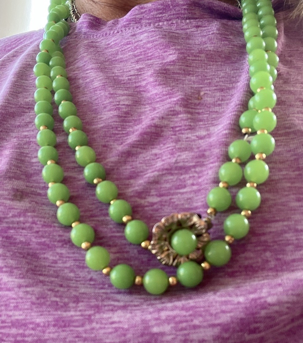 MCM Lime Green & Gold Bead Necklace with Matching Clip On Earrings Vintage Set