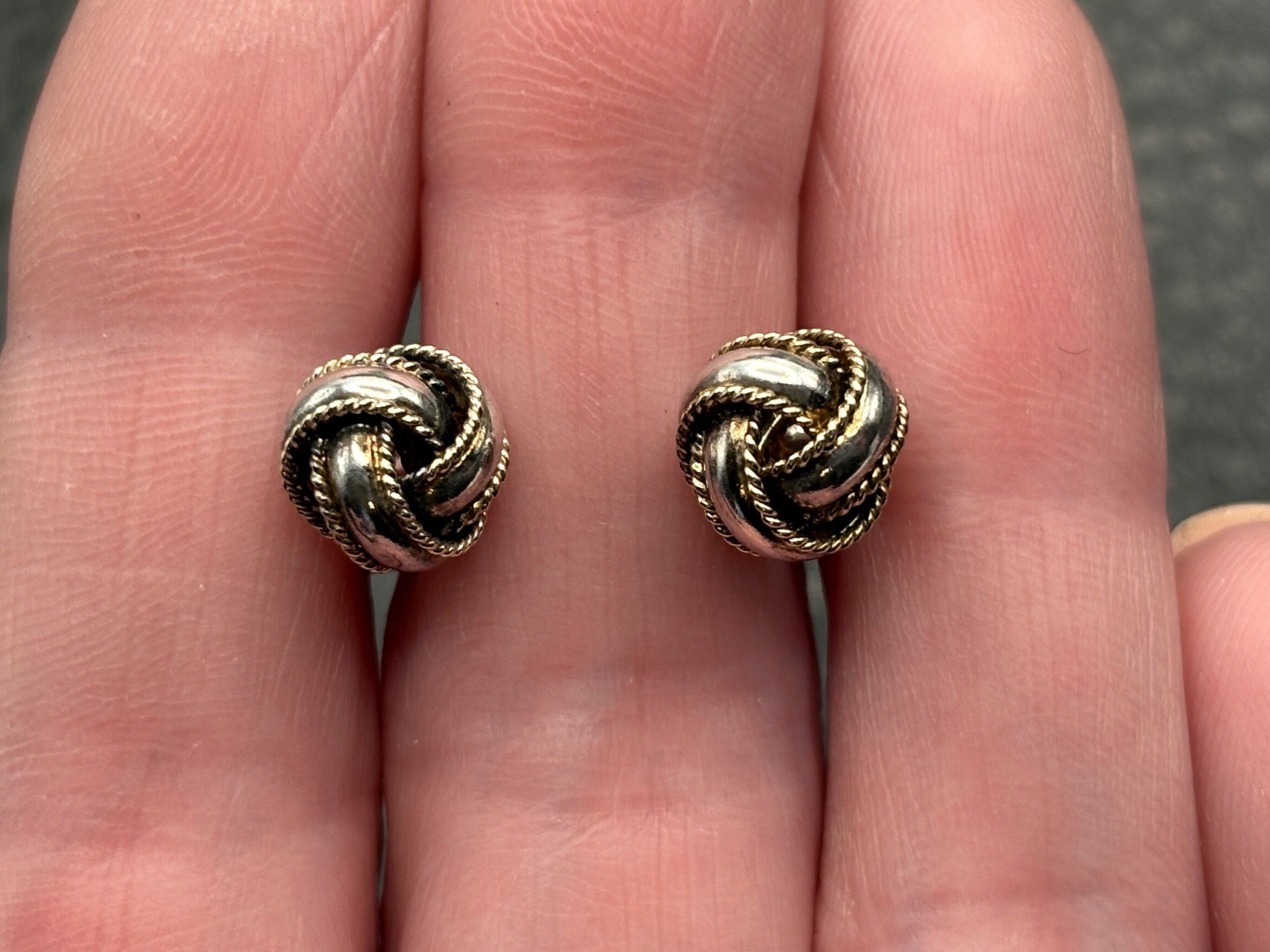 Vintage Two-Tone Sterling Silver 925 Twisted Rope Ball Love Knot 8.4MM Earrings