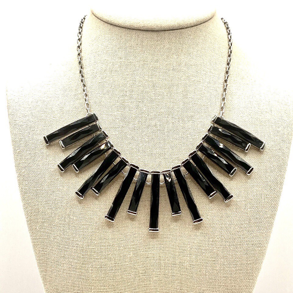 Vtg WHBM Silvertone Necklace Choker Bib Black Steam Punk Boho Gothic Retro G