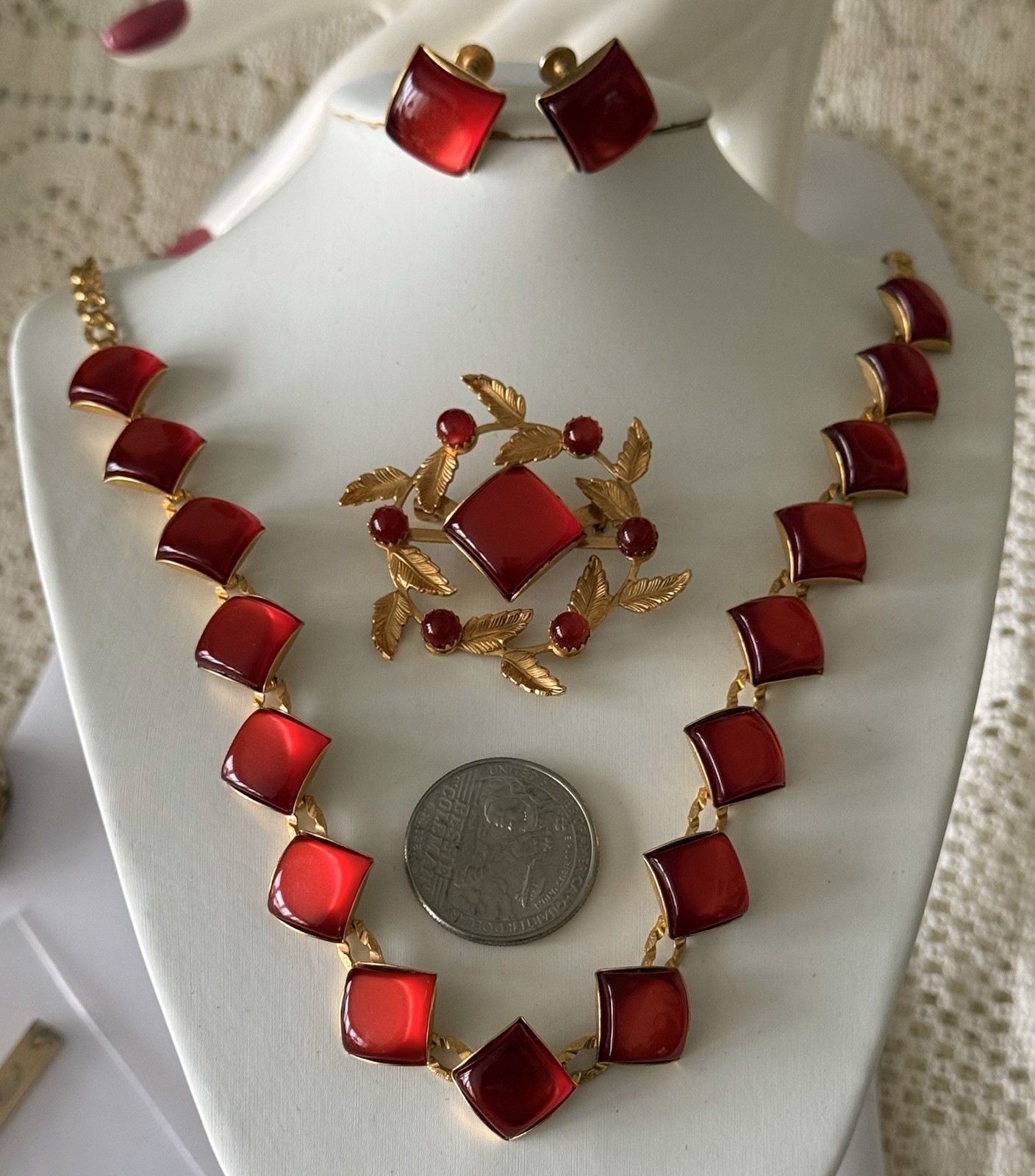 Vintage Fire Red Theromset Necklace Earrings and Brooch Set Gold Tone