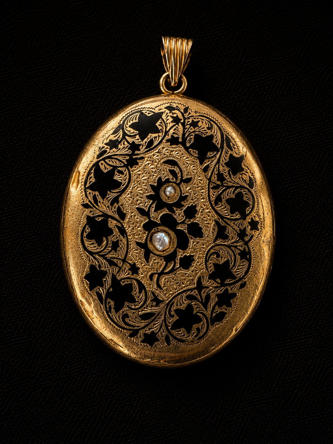 Antique Victorian 14K Gold Mourning Locket Guilloche Pearl Estate Pendant Rare