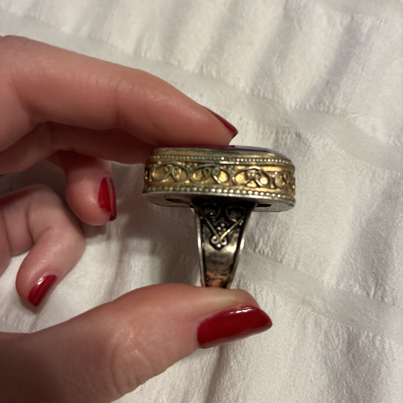 Vintage Large Purple Crystal 925 Sterling Silver Gold Ring Adjustable One Size