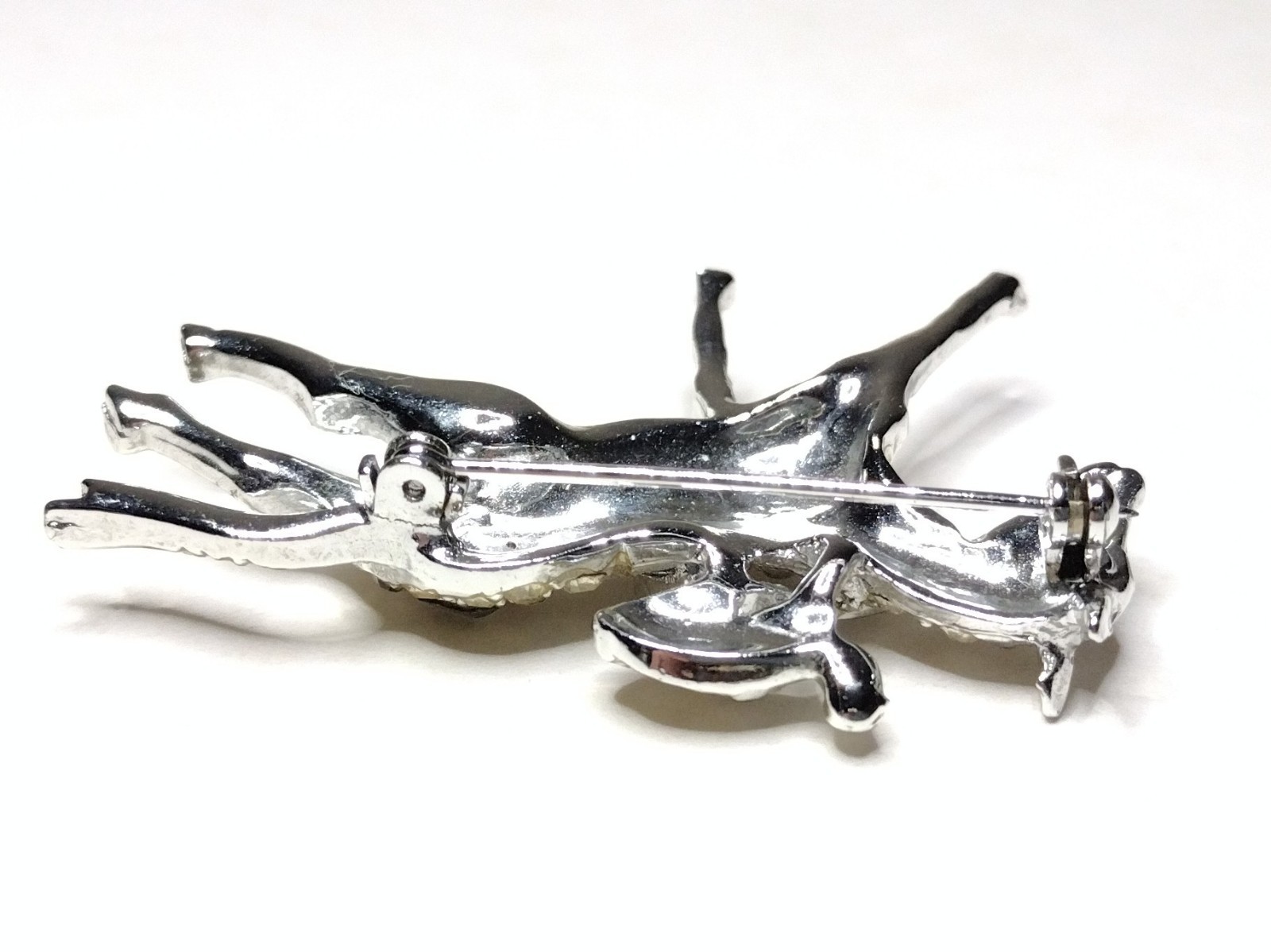 Vtg Rhinestone Equestrian Brooch Pin Derby Race Horse & Rider White Metal PELL ?
