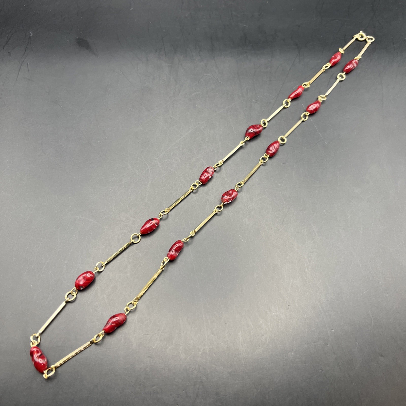 Long Art Glass Station Necklace Bar Link Red Gold Tone 26 Inch Classic Vintage