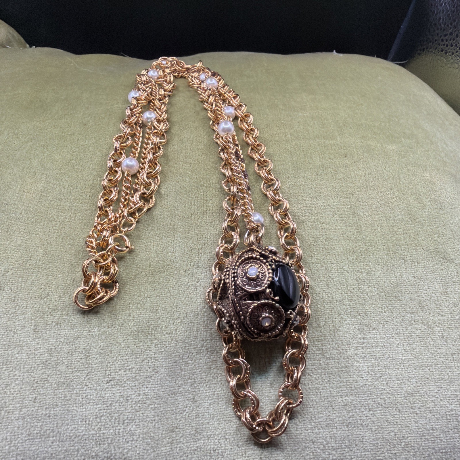Victorian Revival Black Onyx Cabochon Pearl Station Pendant Necklace Long