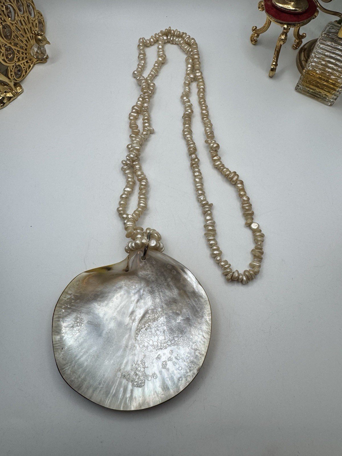 Chunky And Long Necklace Freshwater Pearl And Mother of Pearl Shell Pendant