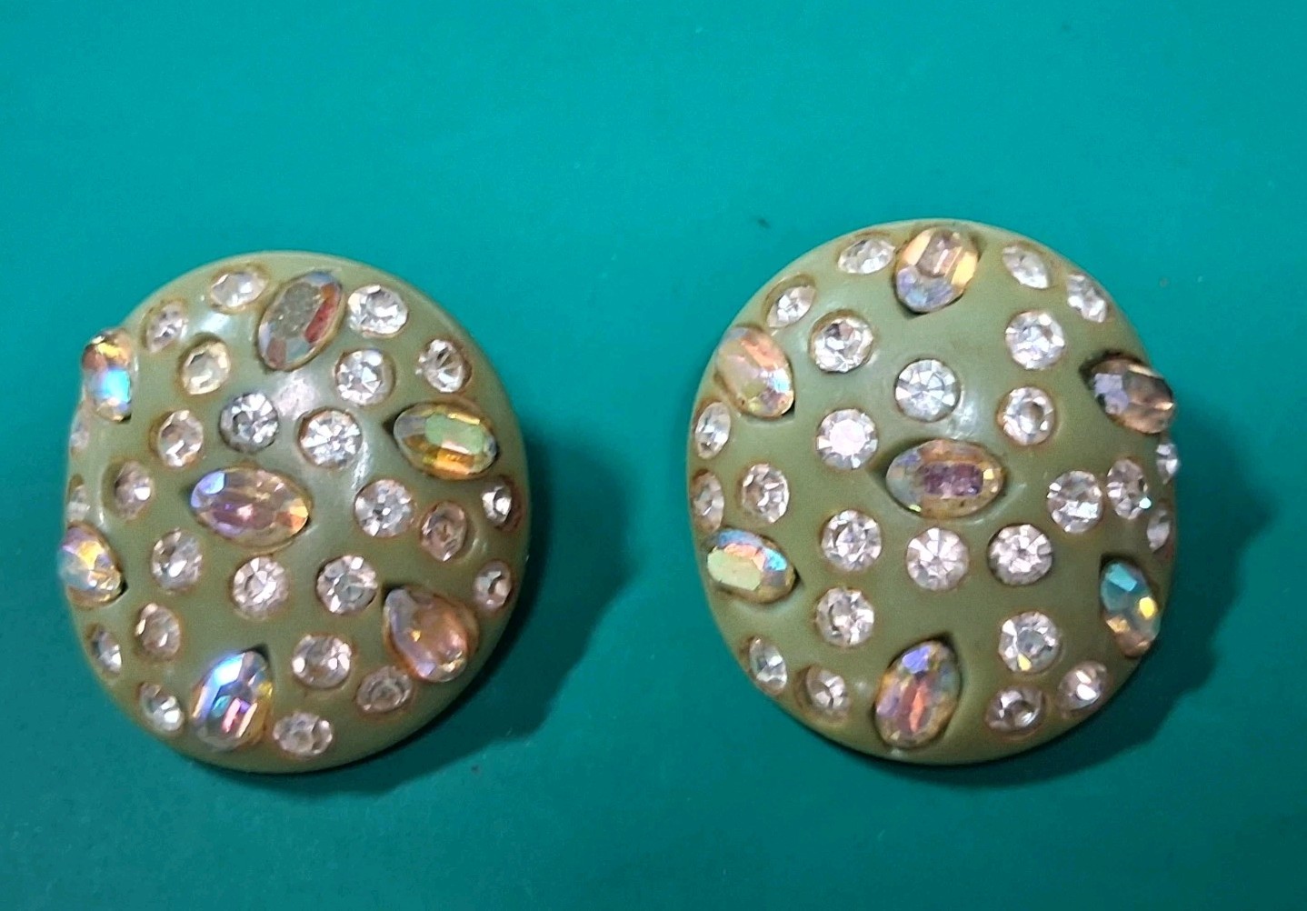 Vintage Weiss Aurora Borealis Earrings GREEN Bakelite Clip-on Tested Signed