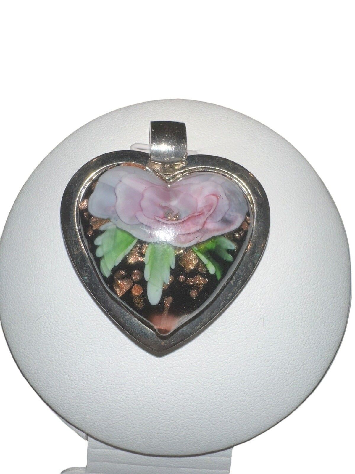 Metal Heart With Lucite Leaf and Flower Encased With Glitter Accent Pendant