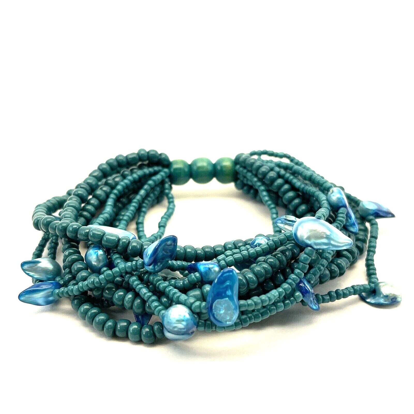Vintage Stretch Bracelet Blue Turquoise Small Chip Mother of Pearl Wide B#8