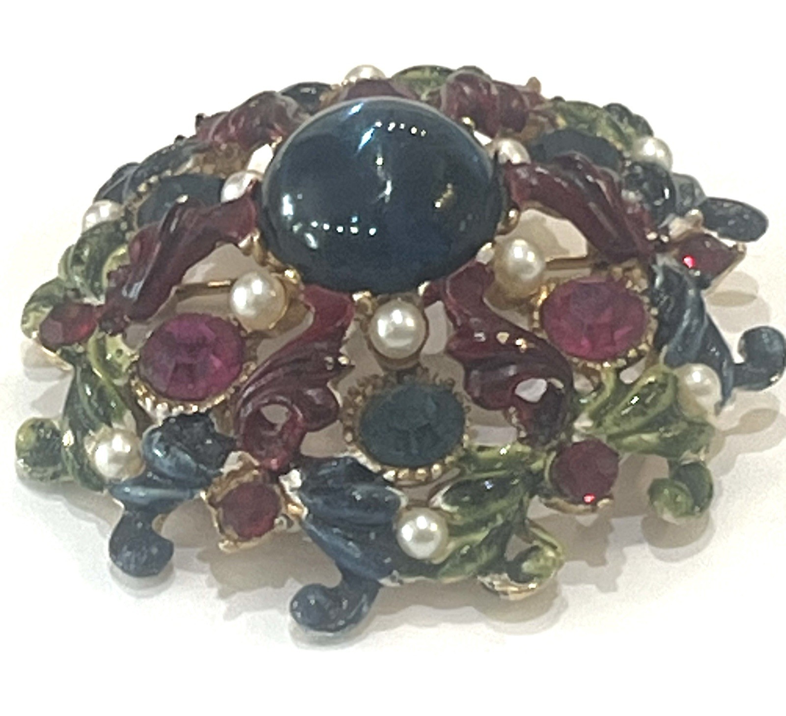 Hattie Carnegie Round Enamel Pin w Blue Cabochon w Red & Green Stones Signed