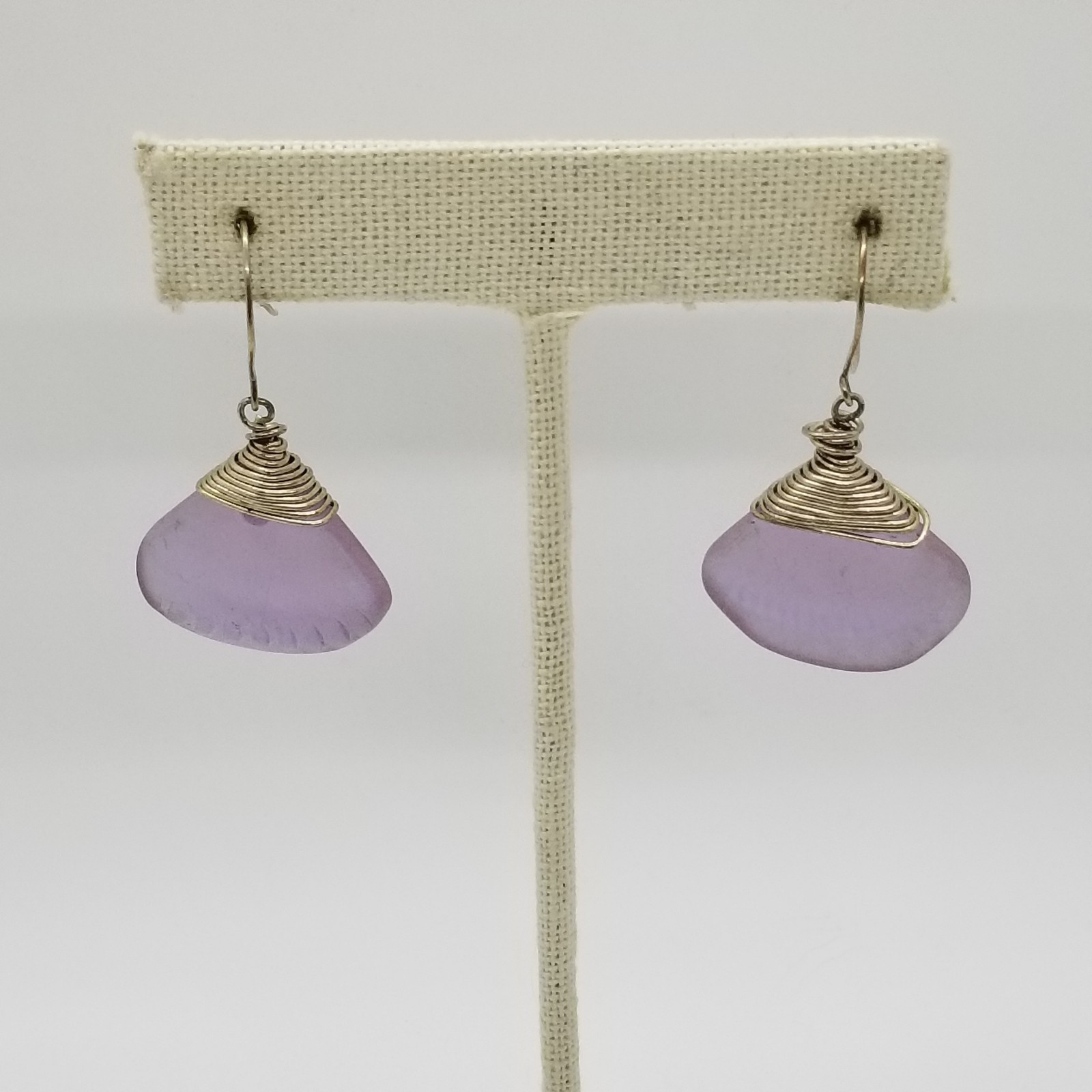 Vintage Purple Sea Glass Claw Shell Design Wite Wapped Dangle Drop Earrings