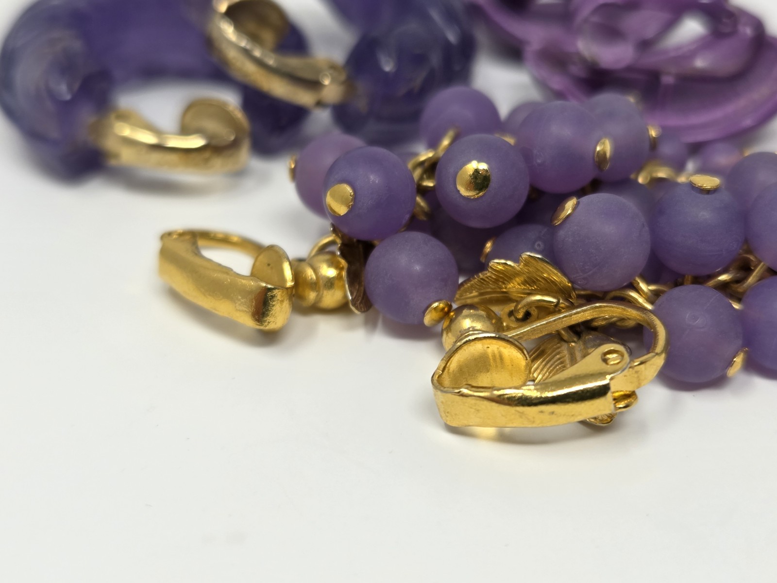 Three Pairs Purple Vintage Clip-on Earrings Grapes Bunch Dangles Hoops Enamel