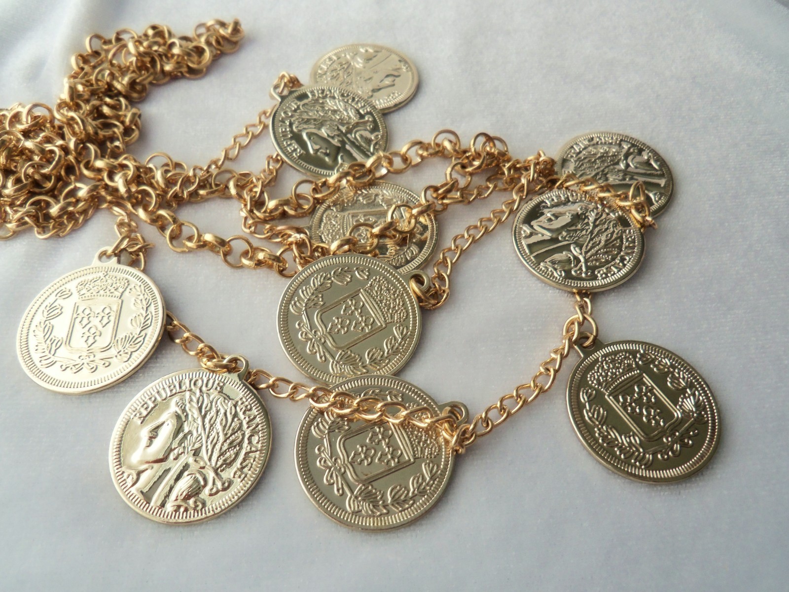 Vintage Gold Tone Double Chain Faux Coin Fringe Necklace