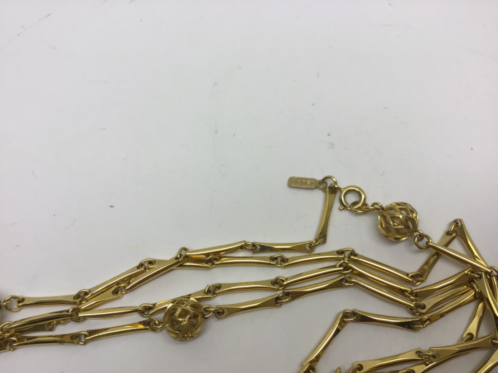 VTG Signed MONET Gold Tone Bar Link Filigree Bead Station Necklace – 52″ – MINT!