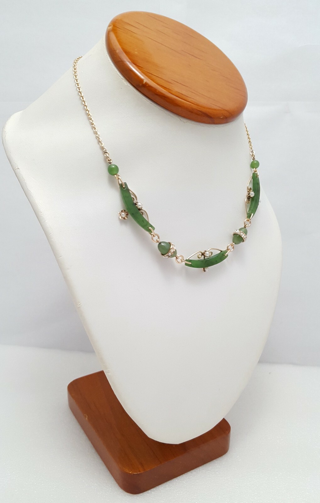Vintage 9K Karat Solid Yellow Gold English Jade & Pearl Link Chain Necklace
