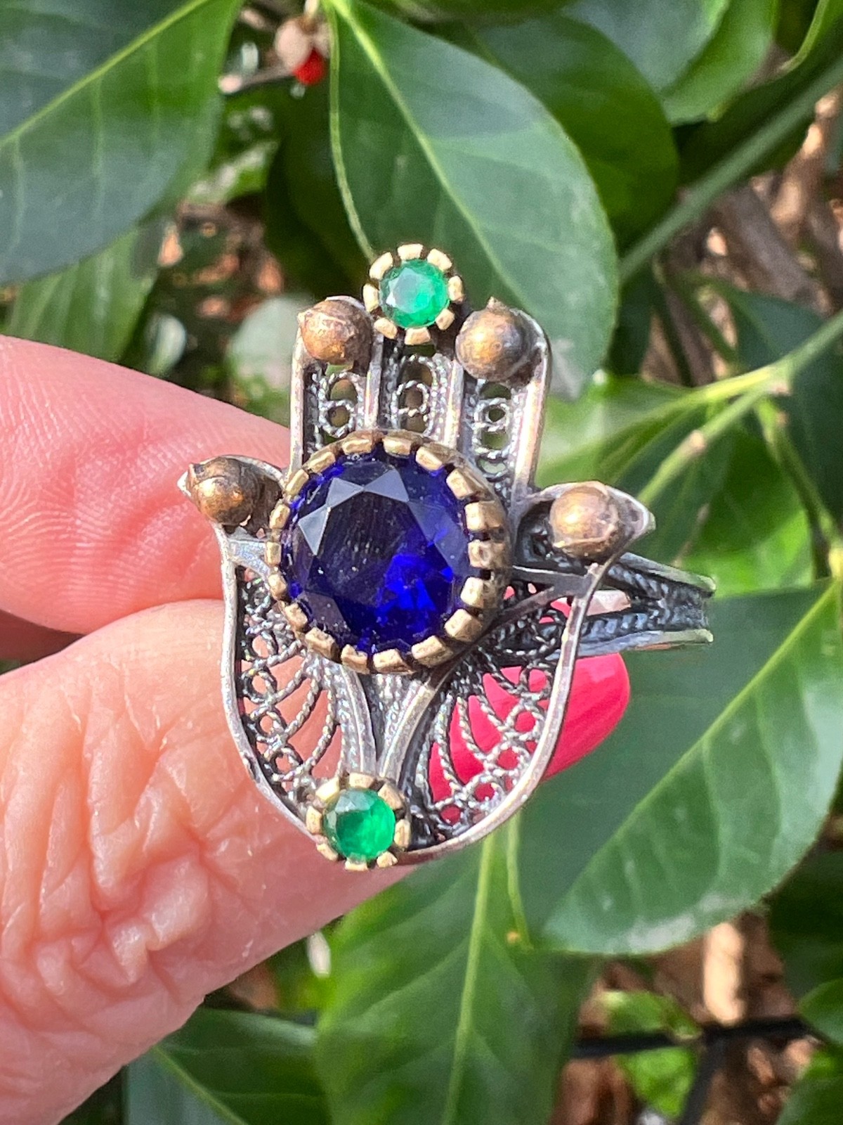 VINTAGE HAMSA VIVID BLUE GREEN PASTE GLASS STONES 925 STERLING SILVER UNIQUE