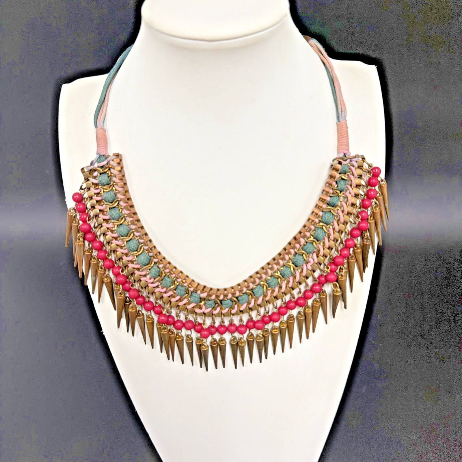Vtg Egyptian-style Spiked BIB necklace W/ Copper Tone Spikes Pink & Green Beads