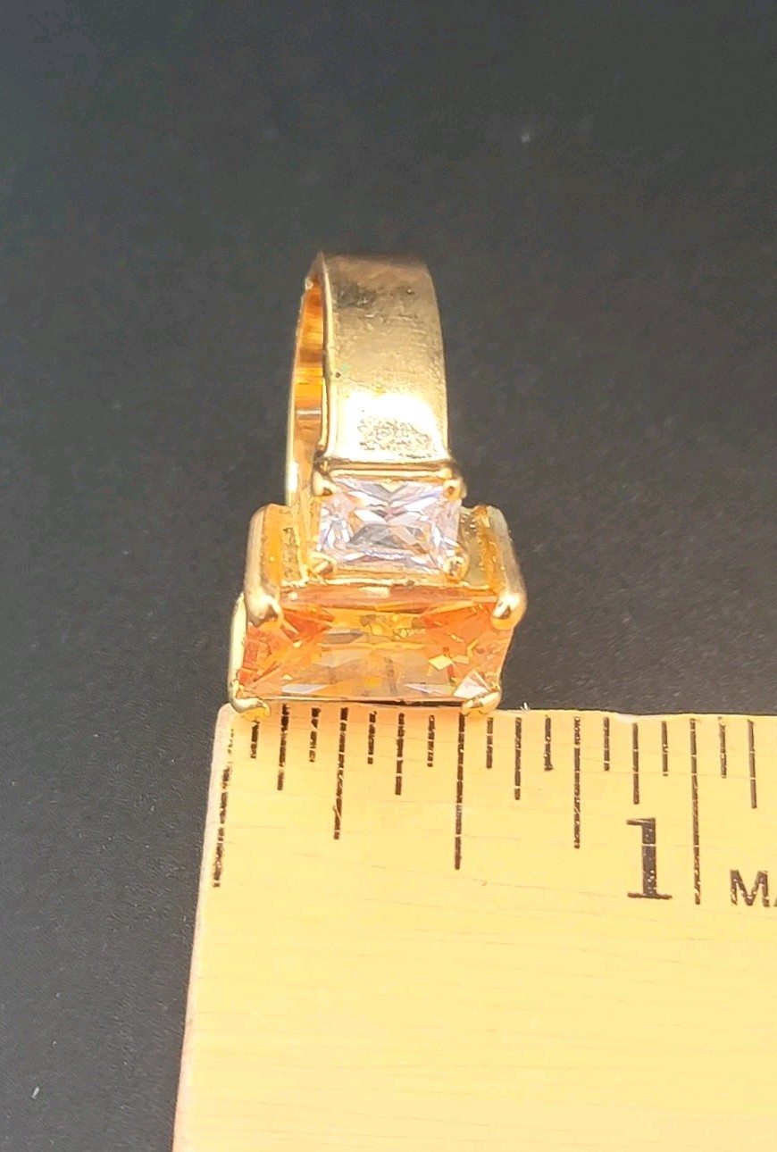 Vtg Sz 7 Ring Lg Citrine Clear Cubic Zirconia 18KGE Fashion Jewelry Glam Classy