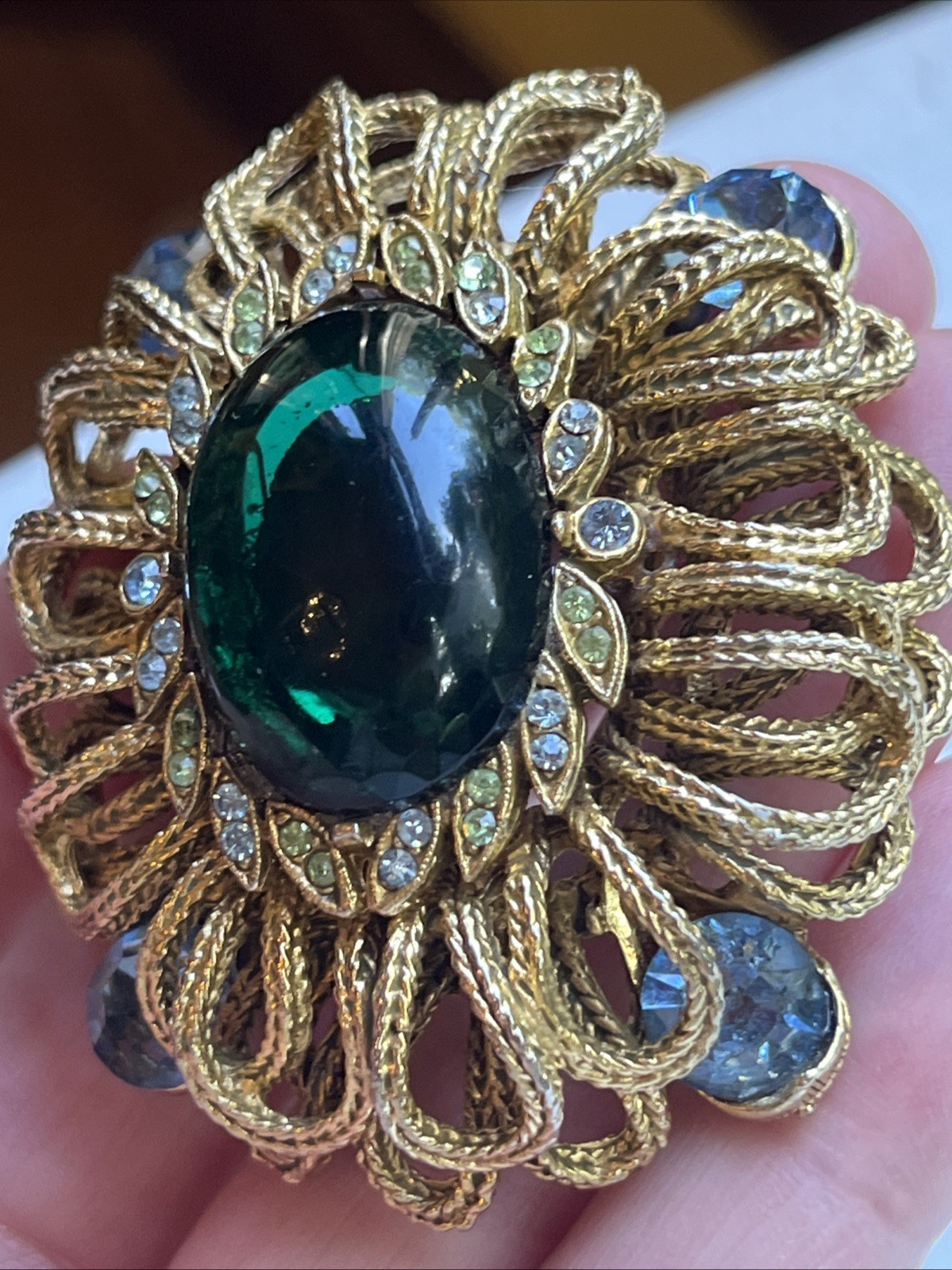 Vintage Capri Green Gripoix Glass Cabochon Blue Green Rhinestone Ornate Brooch