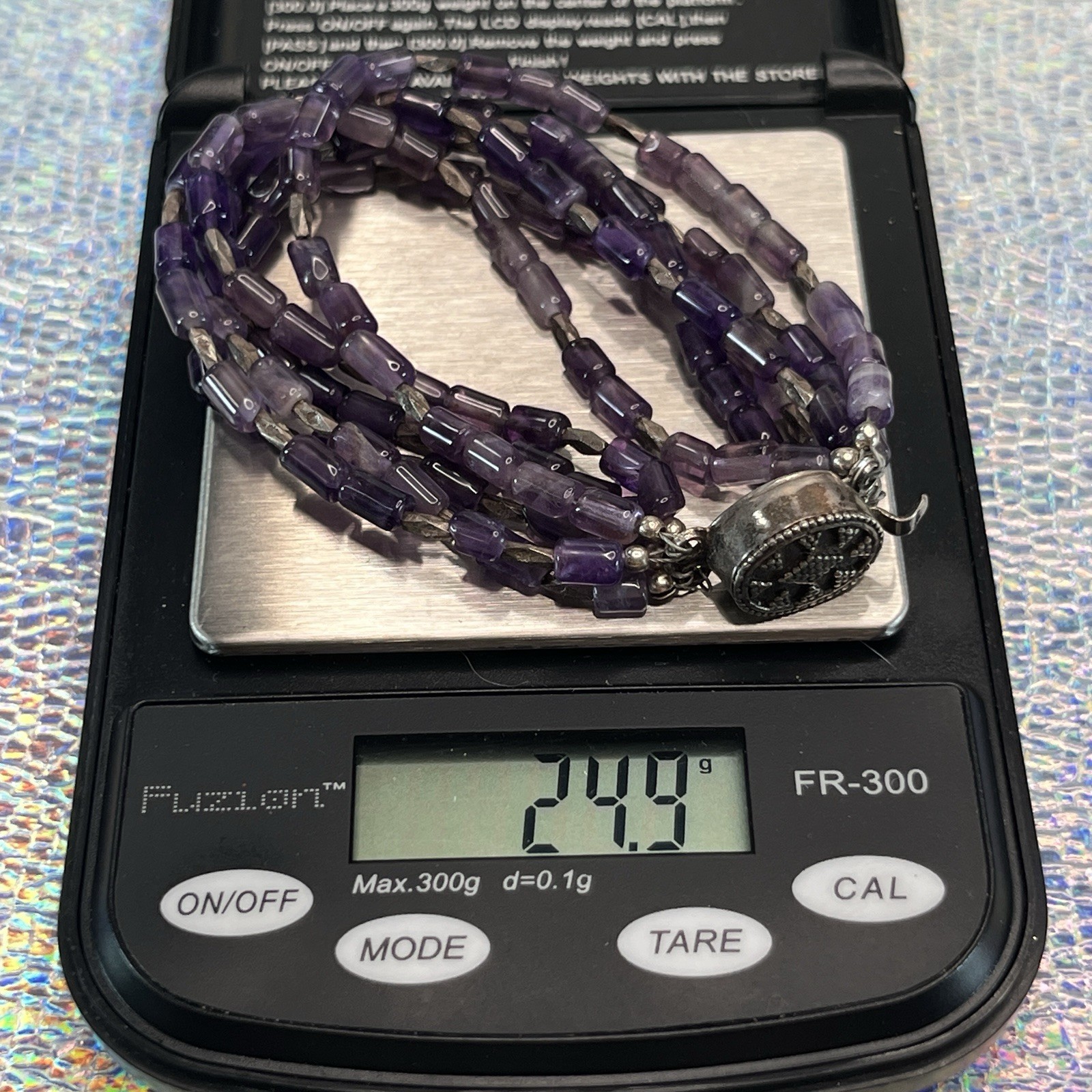 Vintage Multi Strand Amethyst Bead Sterling Box Clasp Bracelet 6.5″