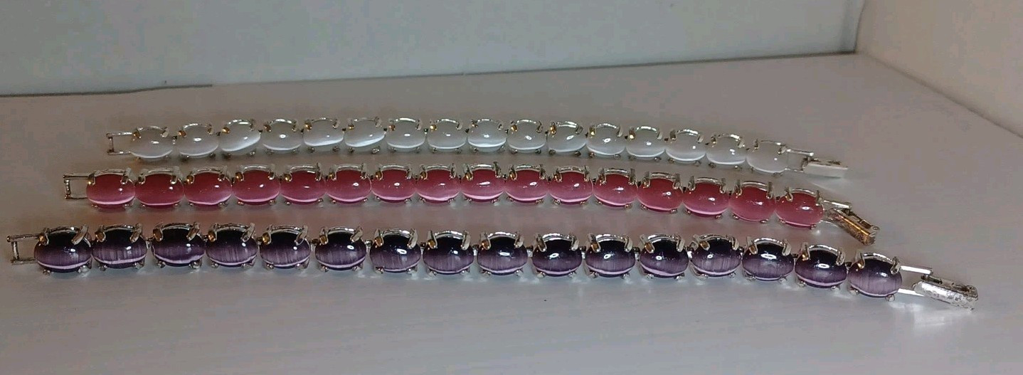 3 Vintage 7″ Avon Cat Eyes Moonstone Cabochon Tennis Bracelets White Purple Pink