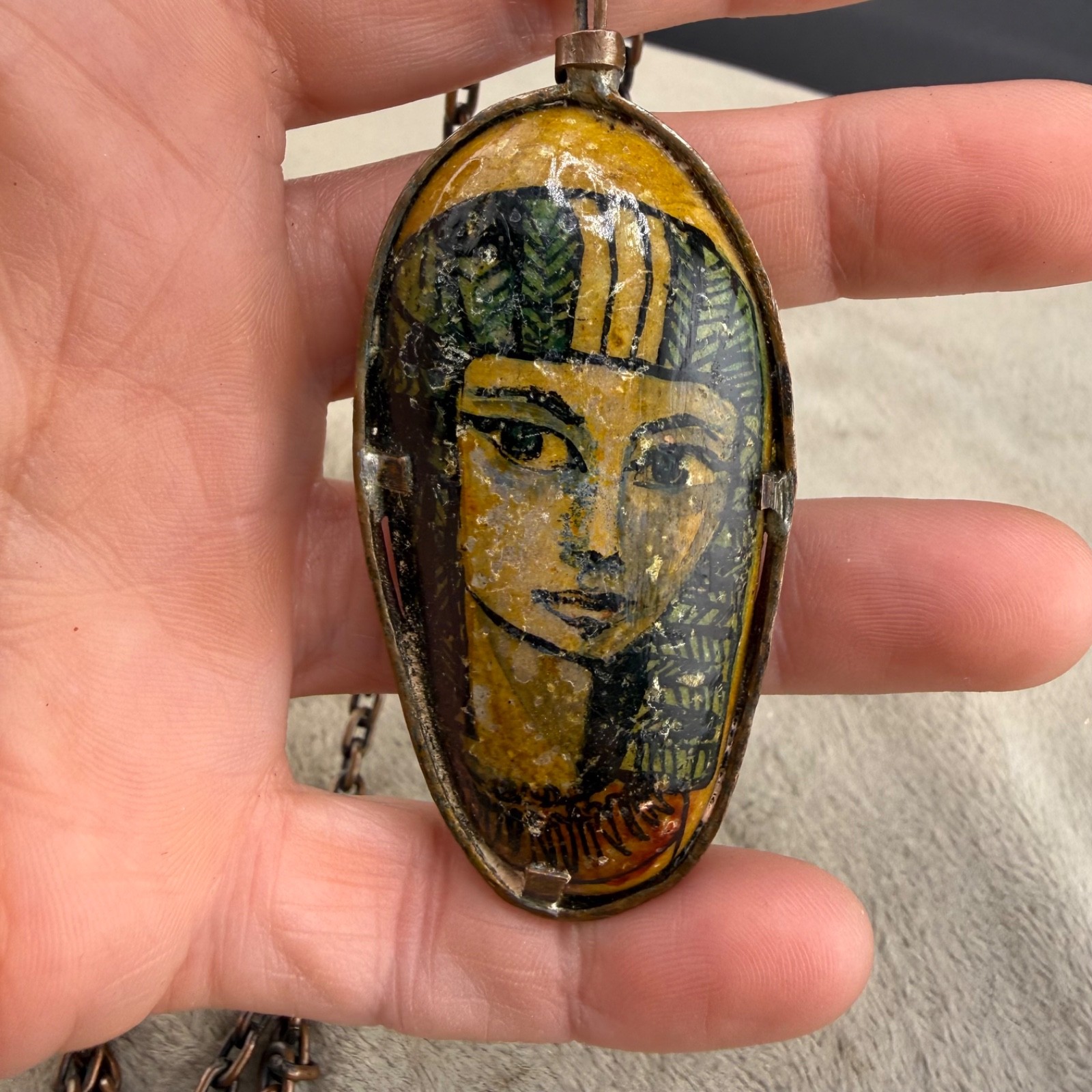 Vintage Necklace Hand Painted Portrait Double Sided Egyptian Revival Copper 28”