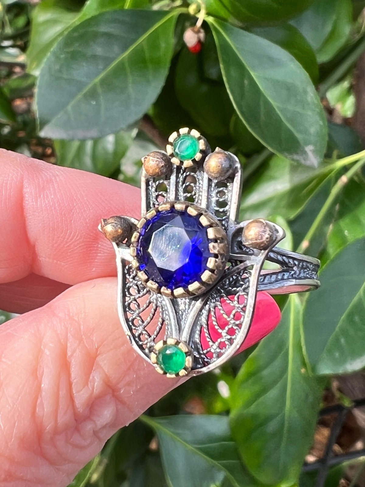 VINTAGE HAMSA VIVID BLUE GREEN PASTE GLASS STONES 925 STERLING SILVER UNIQUE