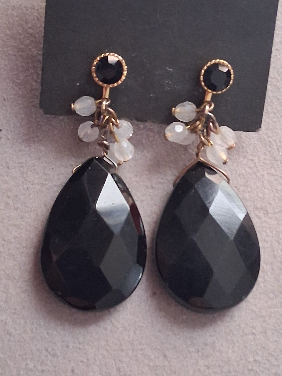 Faceted black glass teardrop stone adjustable clip on earrings w/dangle accents