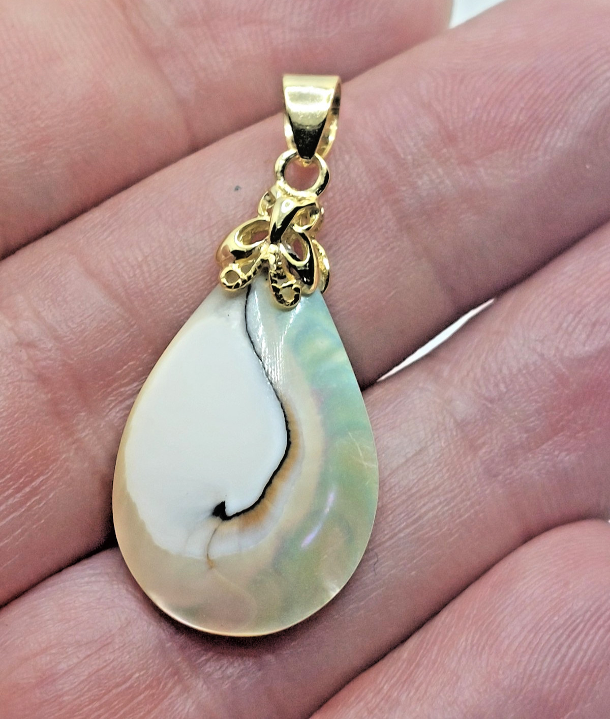 Vtg. Tear-dropped Shaped MOP Blister Pearl Pendant .925 Vermeil Butterfly Bail