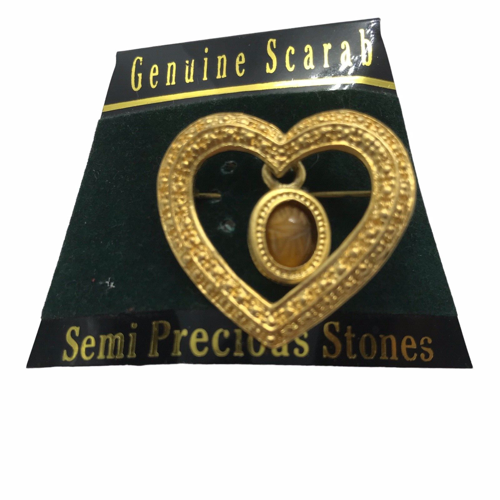 Vintage Heart Pin Brooch 90s Genuine Carved Scarab Semi Precious Stone