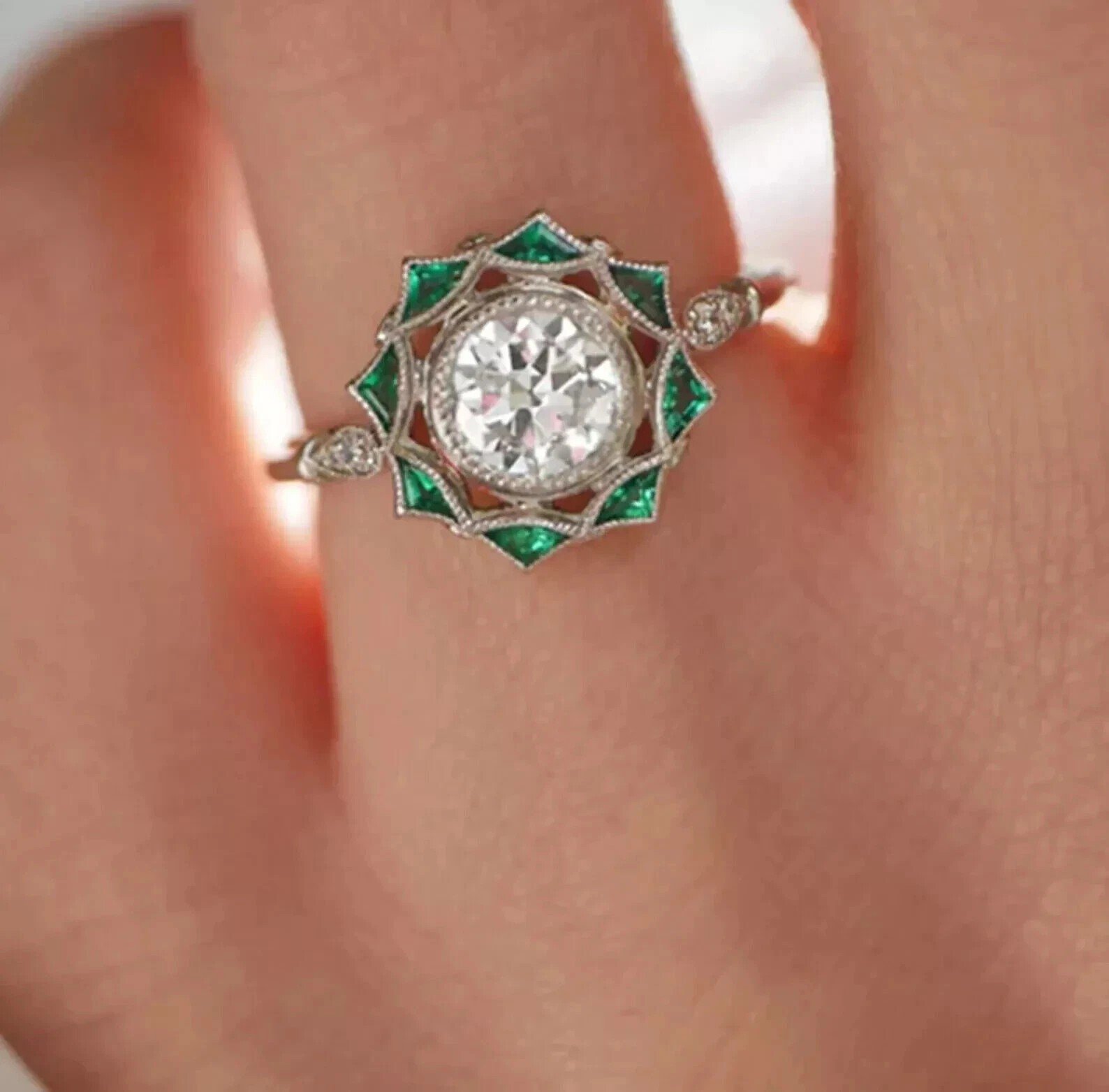 Art Deco Vintage Style Lab Created Diamond & Emerald Wedding 14K White Gold FN