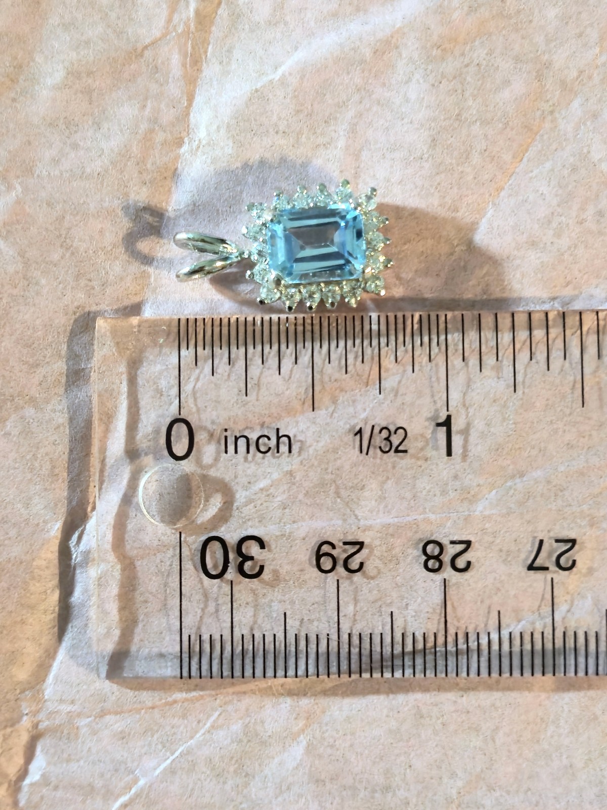VINTAGE SKY BLUE TOPAZ EMERALD CUT STERLING SILVER 925 PENDANT W/ CZ ACCENTS