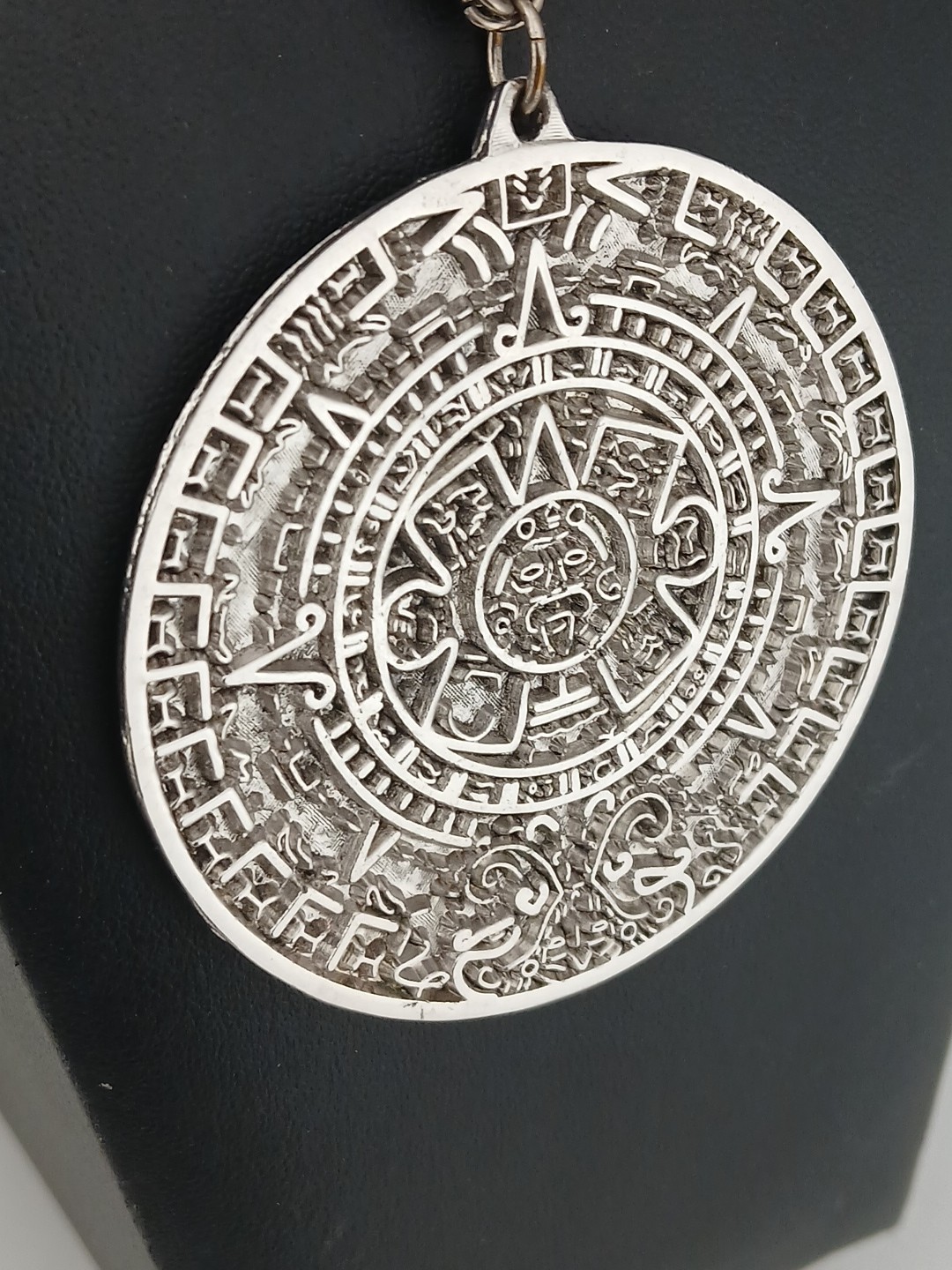 TORTOLINI 1960s silver tone Aztec Calendar textured design medallion necklace