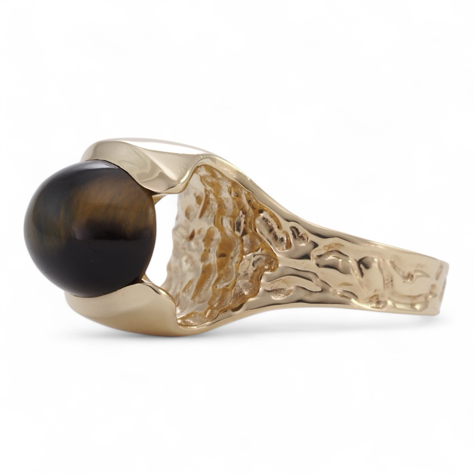 CHATOYANT CABOCHON 1970s 14K Yellow Gold High Set Tiger’s Eye Modernist Ring