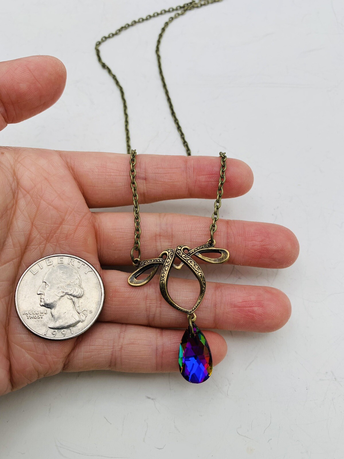 Vintage Style Art Nouveau Bronze Tone Rainbow Teardrop Bead 18 in Necklace