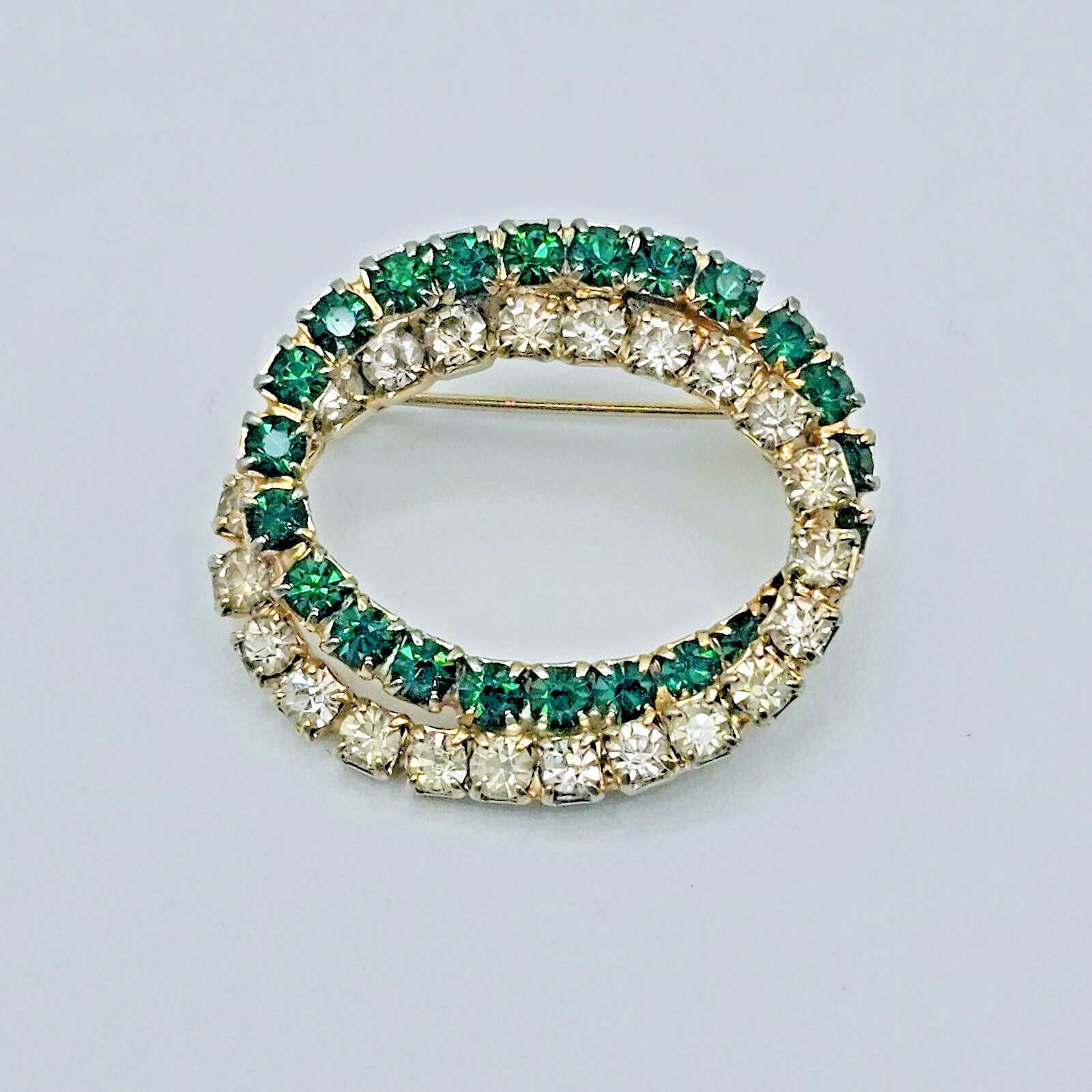 Emerald Green Brooch Vintage Open Double Oval Crystal May Statement Jewelry Pin