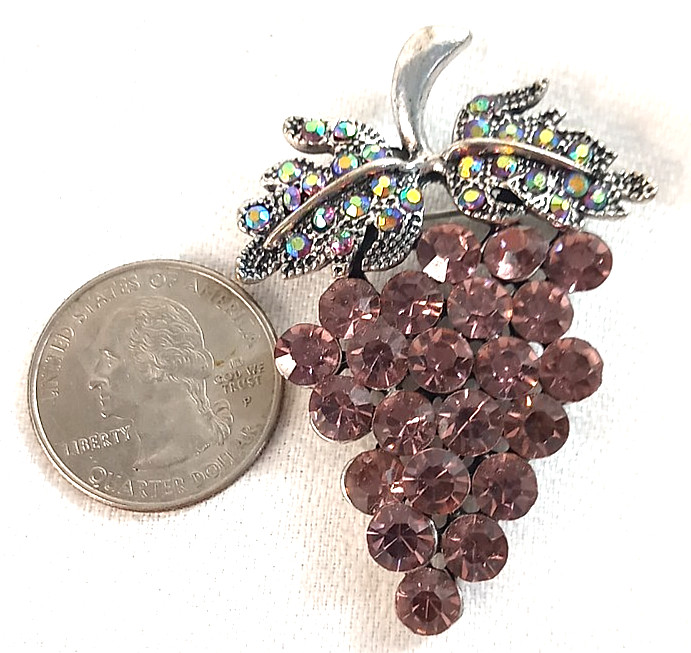 Women’s Vintage Style Pin Brooch Grape Cluster Pink Rhinestones Silver Tone