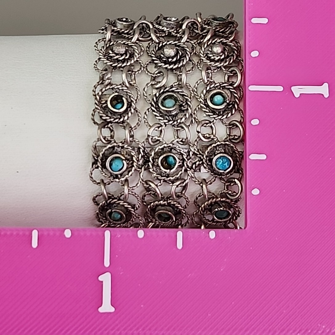 Vintage Cannetille Bracelet Blue Bead Silver Tone Chain Slide Clasp Filigree 6.5