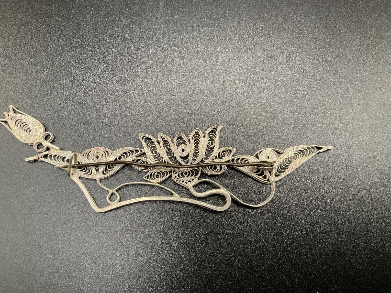 Hand Made EUROPEAN Filigree Brooch 4 in. Silver Lotus Floral